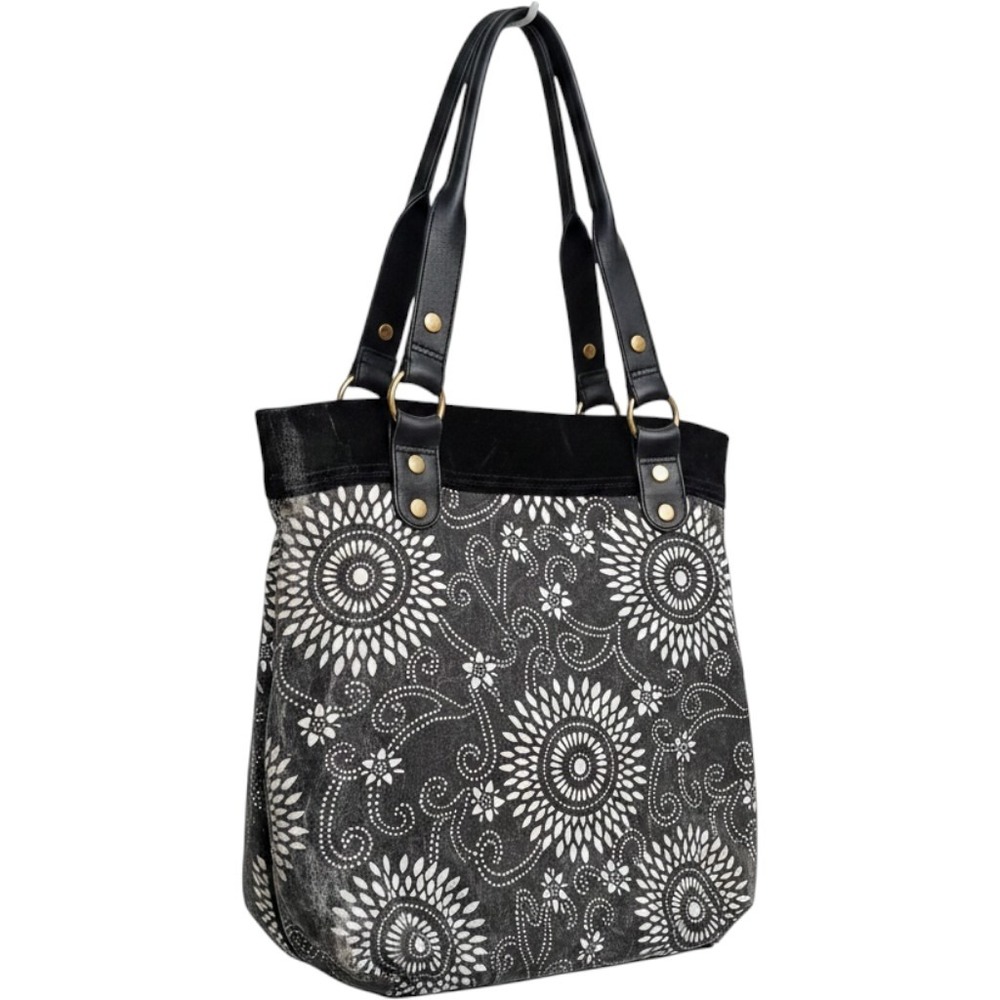 Lucky Brand Canvas Suede Mandala Paisley Tote Bag Black Gray Boho Shoulder‎ Bag